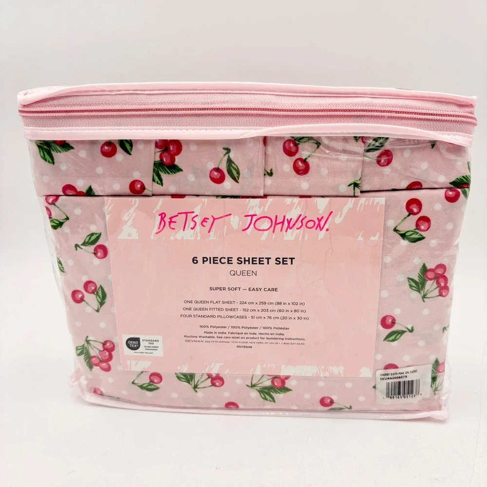 Betsey Johnson Queen Sheet Set 6 Piece Pink Cherry‎ Dots Polka Dot Print